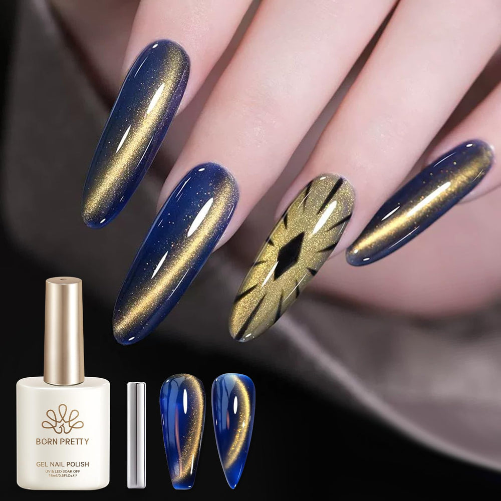 Born Pretty bottle front view showing deep sea blue and gold shimmer benefit: rich color