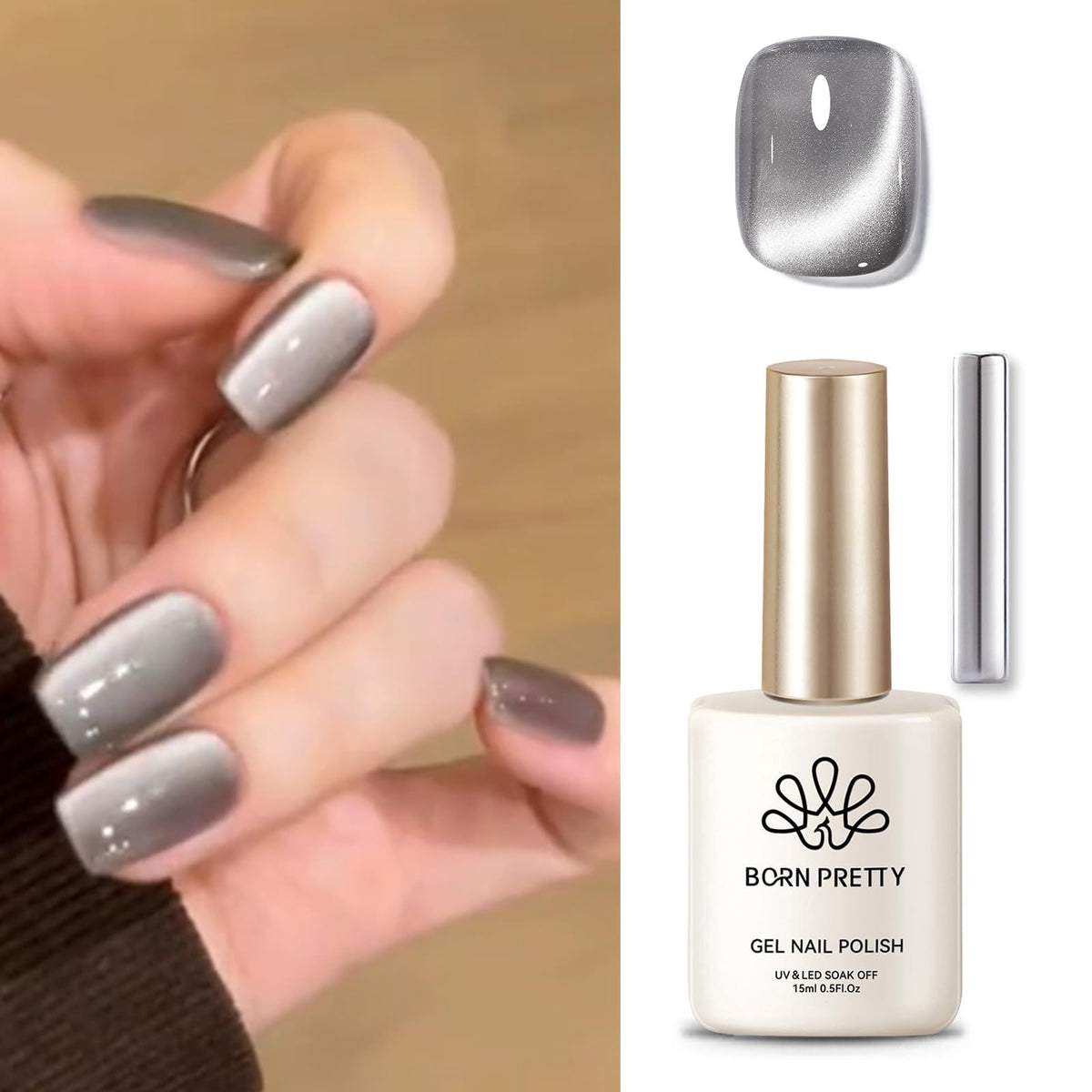 Born Pretty front bottle showing gray moonlight cat magnetic gel and product clarity benefit
