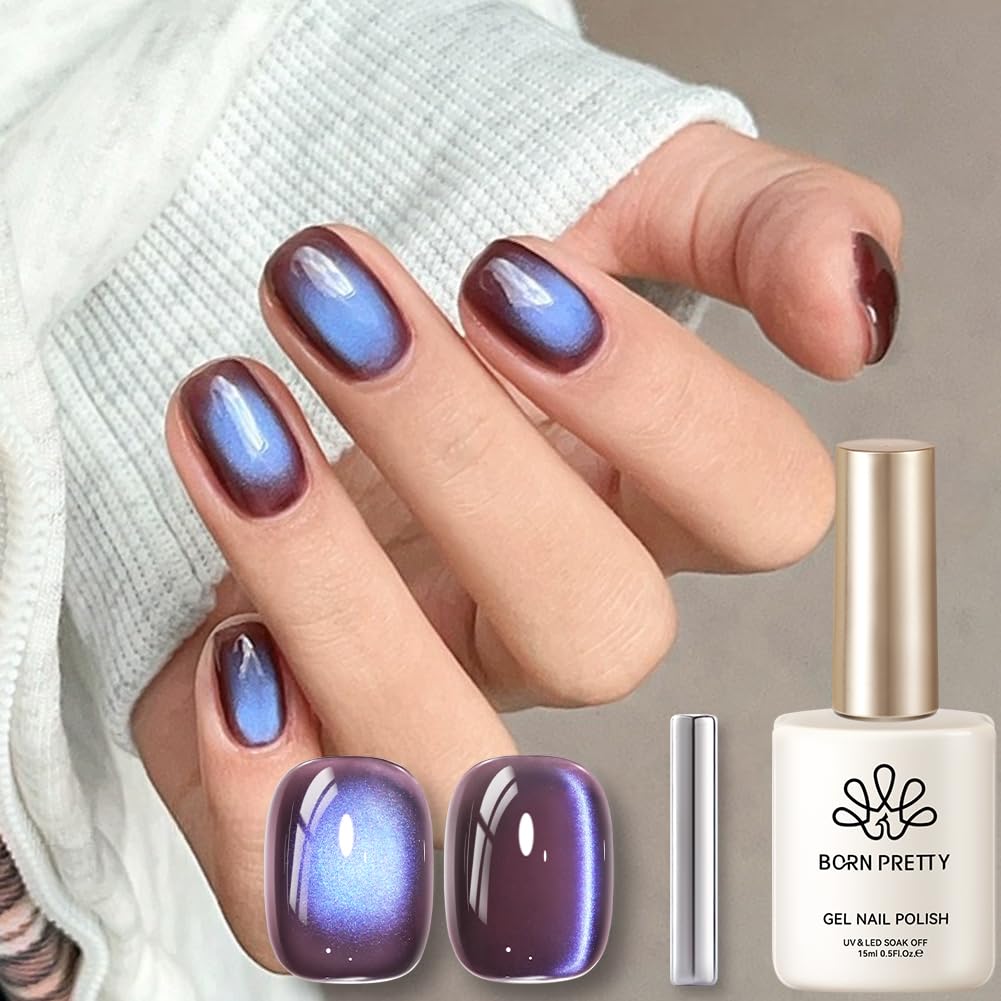 Born Pretty bottle front view showcasing indigo eggplant glitter polish and shine benefit