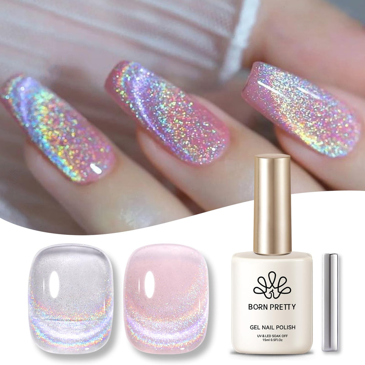 Born Pretty front bottle showing silver holographic finish and easy use benefit