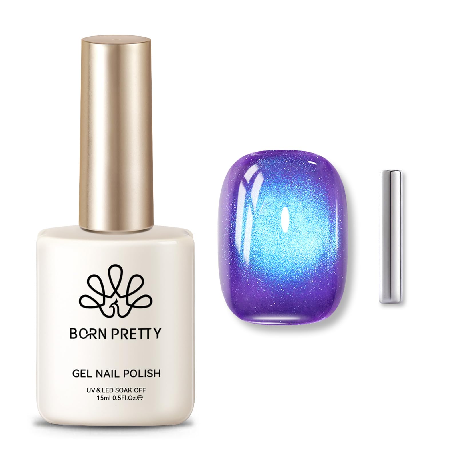 Born Pretty bottle front view showing indigo-violet gel and glossy finish benefit