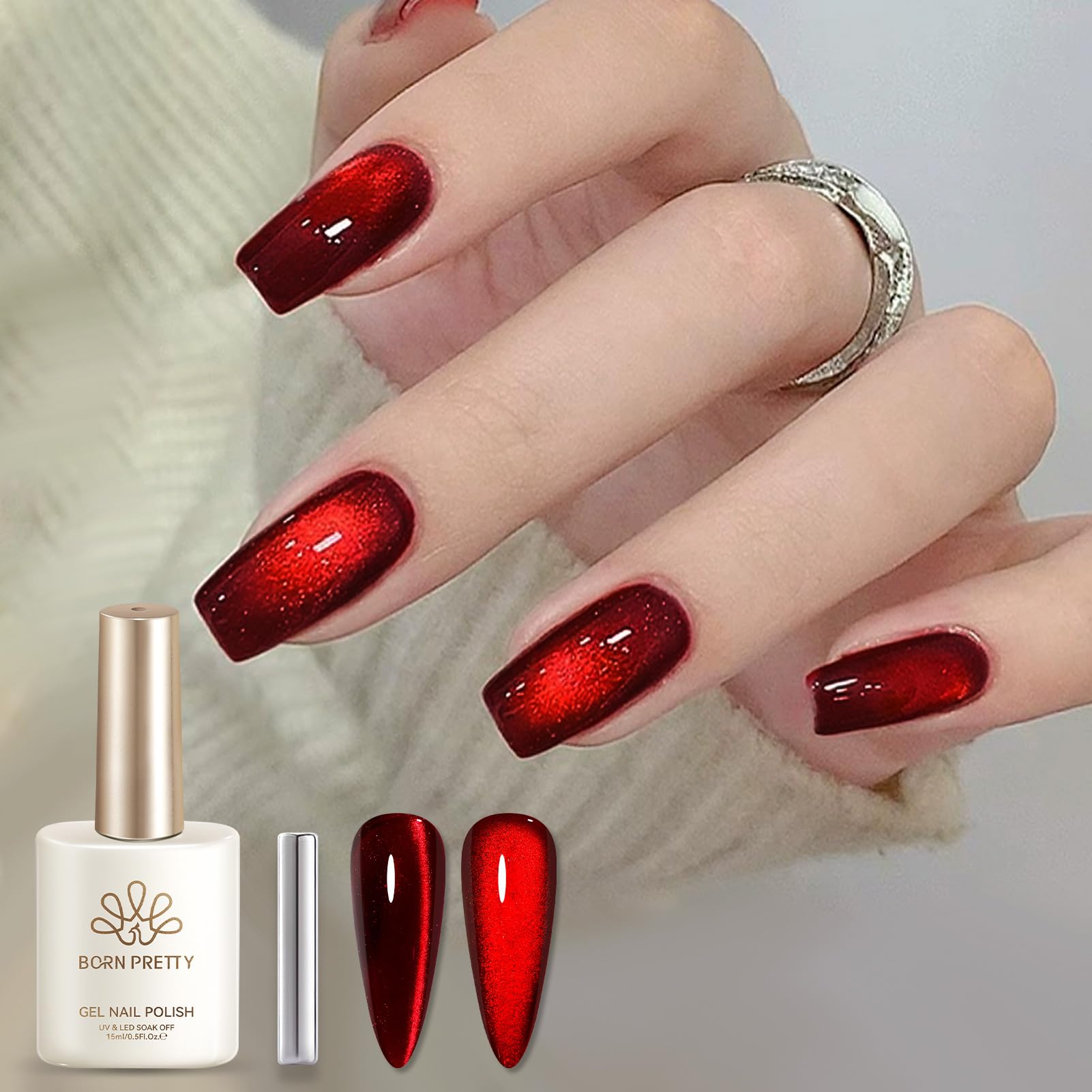 Born Pretty front bottle showing ruby-red magnetic gel and glossy finish benefit