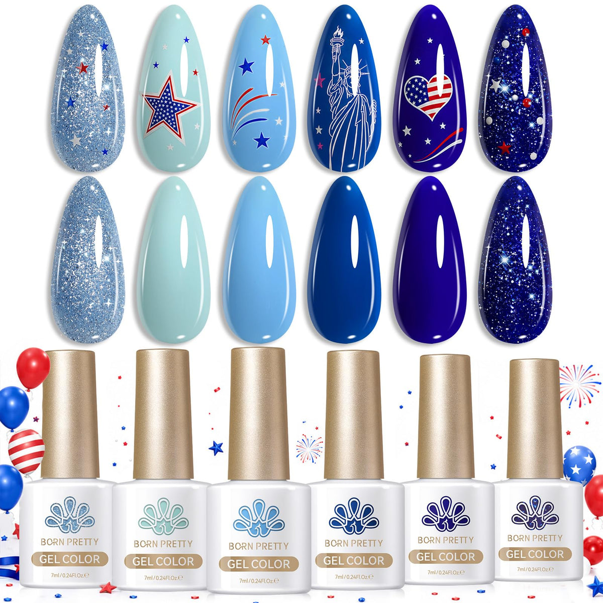 Born Pretty front packaging showing six blue gel pots and gift-ready presentation benefits