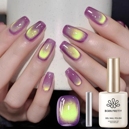 Born Pretty bottle front packaging shows magenta yellow cat-eye polish benefit shine