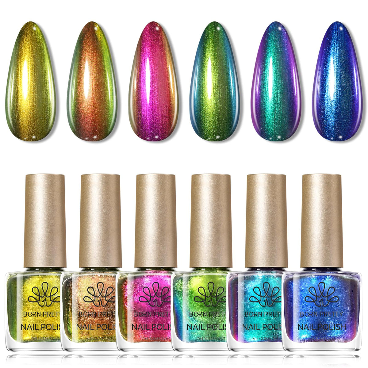 Born Pretty front packaging showing six chameleon chrome polishes, vibrant gift-ready presentation
