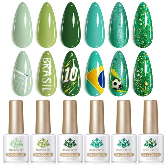 Born Pretty front packaging green gel set showing six bottles and benefits
