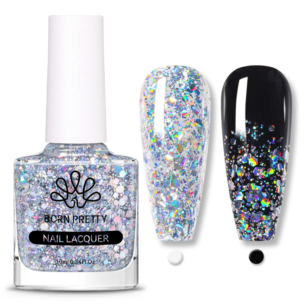 Born Pretty front packaging showing holographic silver polish benefits sparkle
