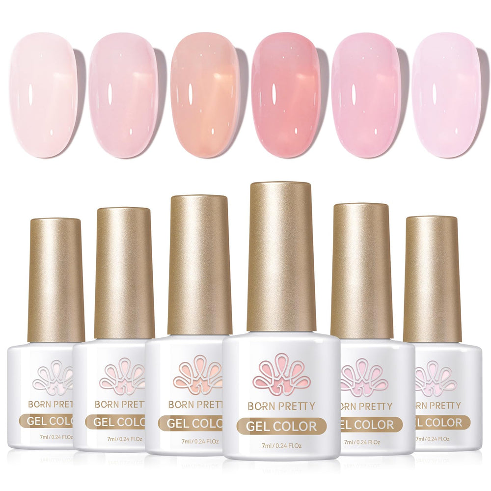 Born Pretty front packaging showing six milky nude pink bottles and kit benefits