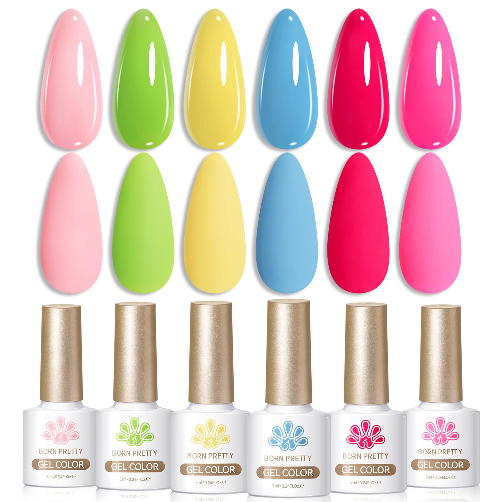 Born Pretty front packaging showing six neon gel bottles and color preview for bold looks