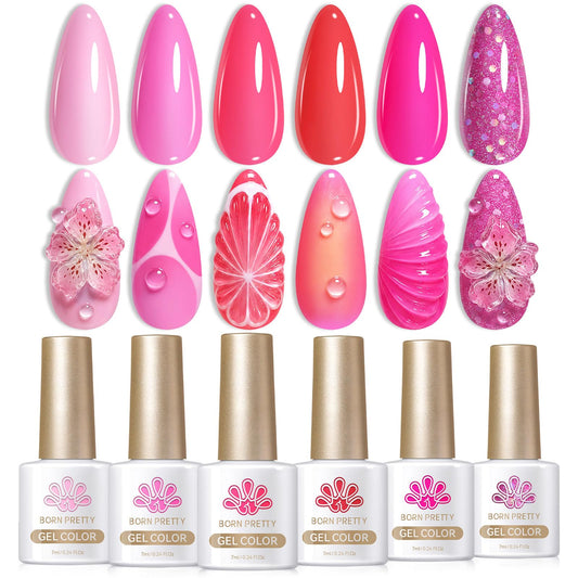 Born Pretty front packaging showing six neon hot pink bottles and set benefits