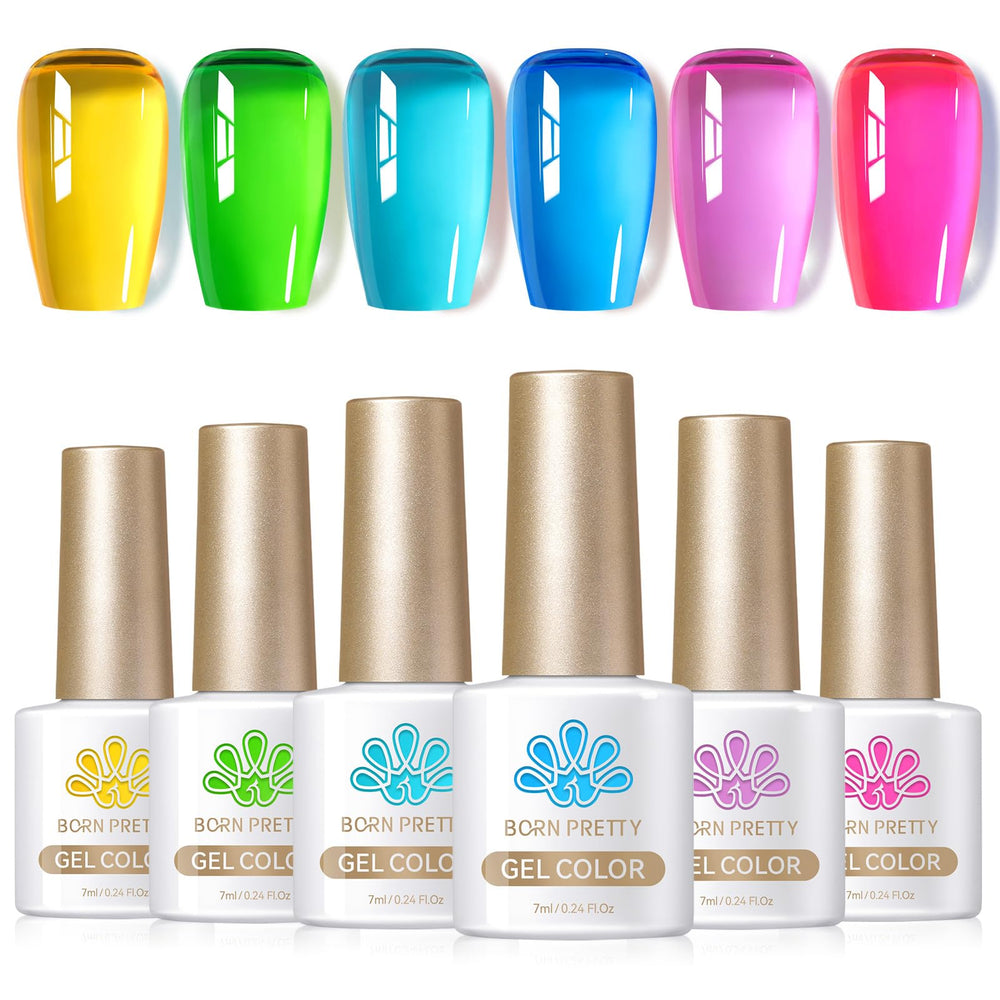 Born Pretty front packaging of neon jelly set showing vibrant bottles and benefit of variety