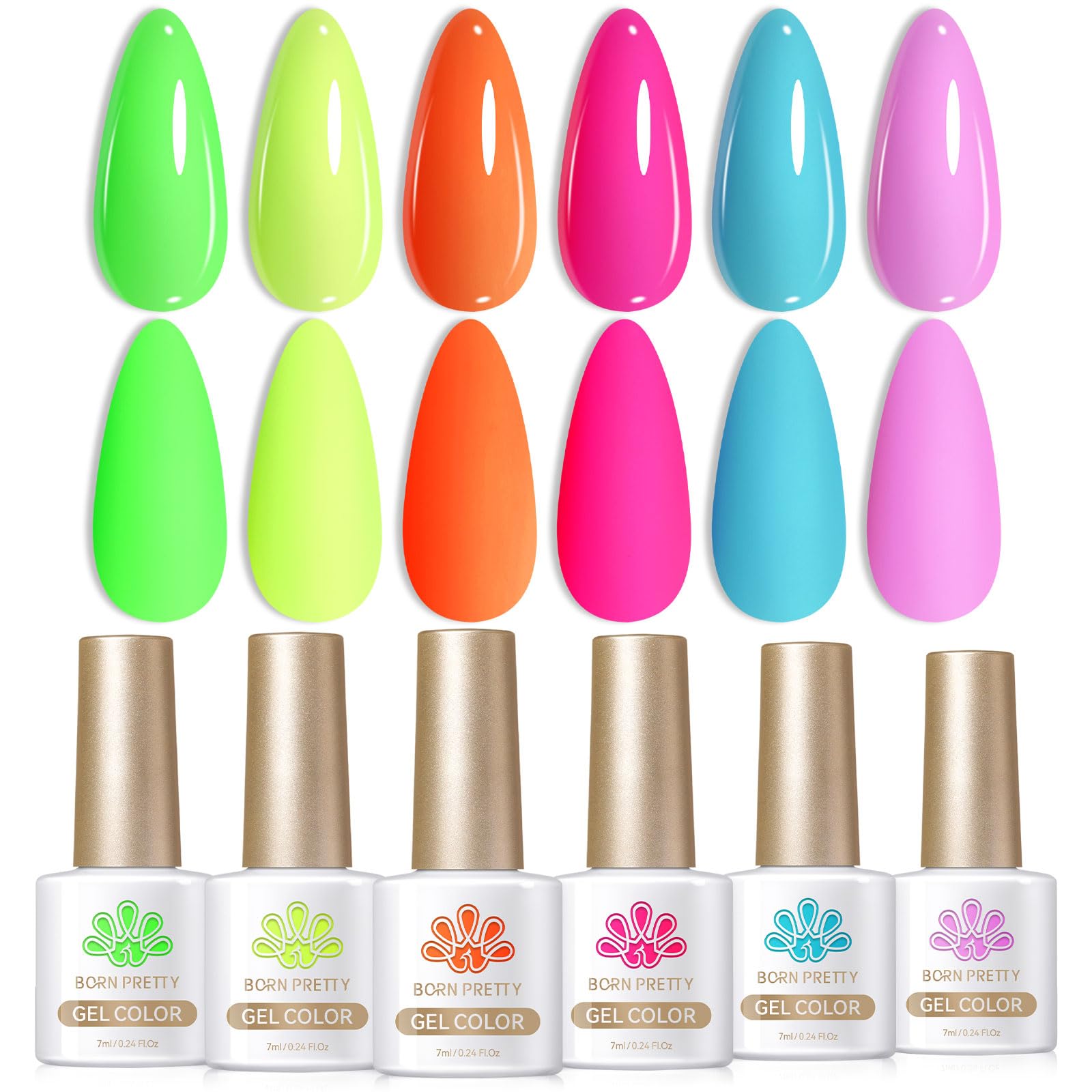Born Pretty front packaging neon set showing six colorful bottles and bold finish