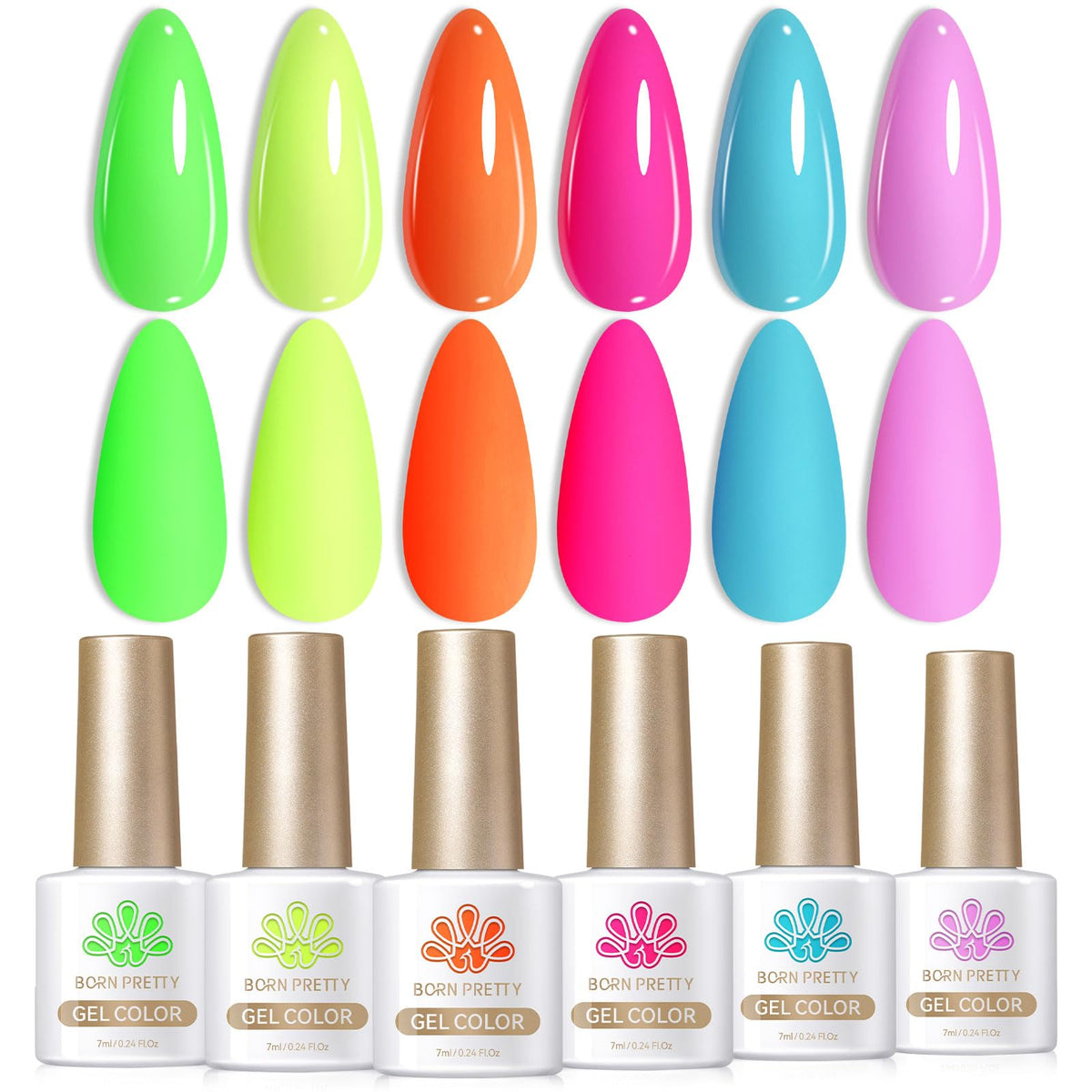 Born Pretty front packaging neon set showing six colorful bottles and bold finish