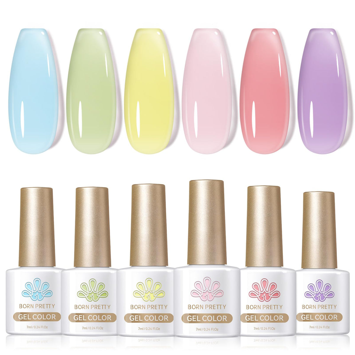 Born Pretty front packaging showing six pastel jelly gel bottles, clear presentation benefit