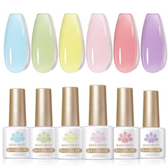 Born Pretty front packaging showing six pastel jelly gel bottles, clear presentation benefit