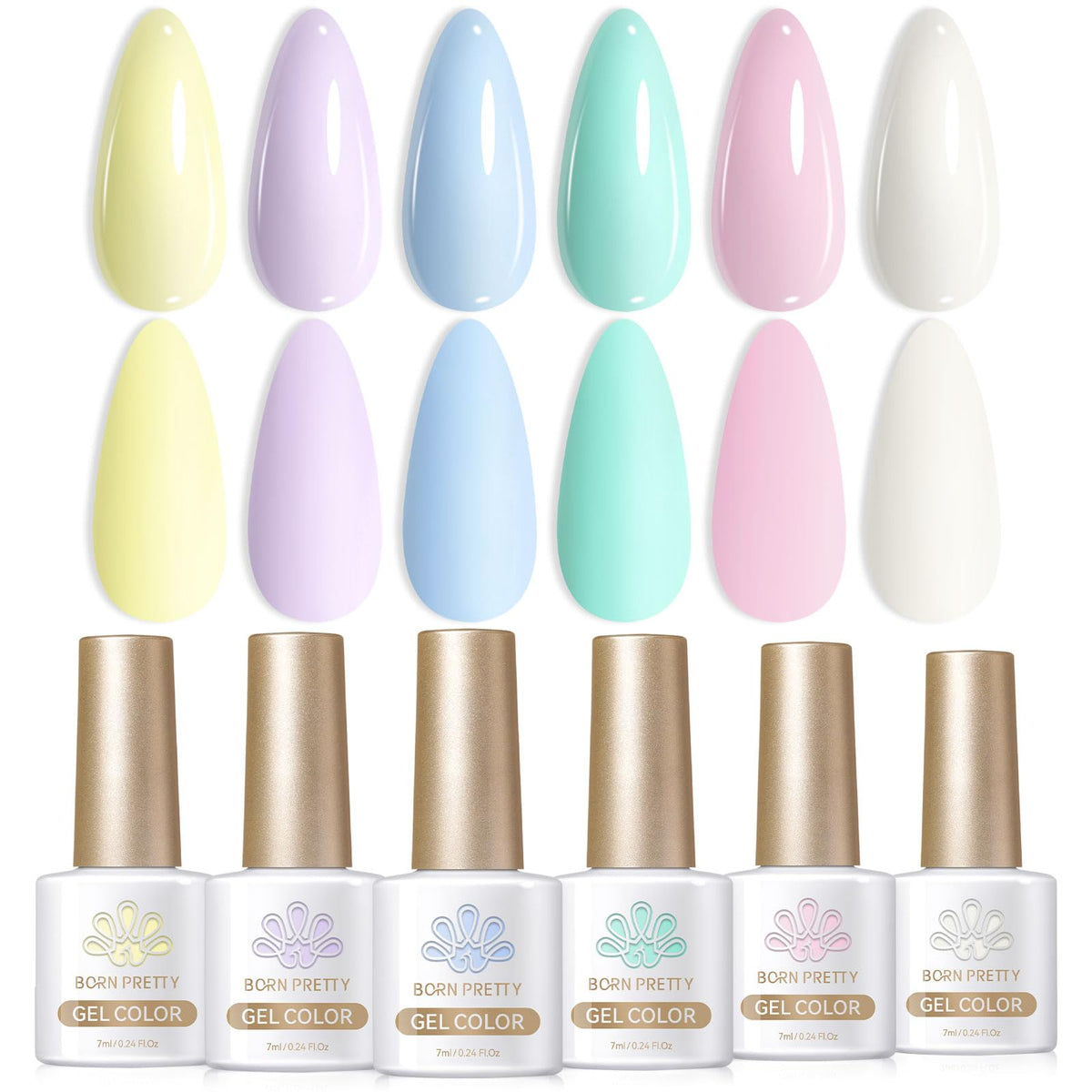 Born Pretty front packaging pastel set showing six bottles and gift box benefit: ready-to-gift