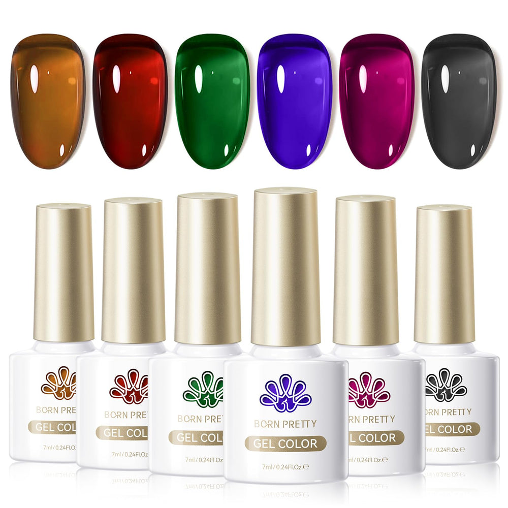 Born Pretty front packaging showing six jelly gel bottles and colors, clear overview benefit
