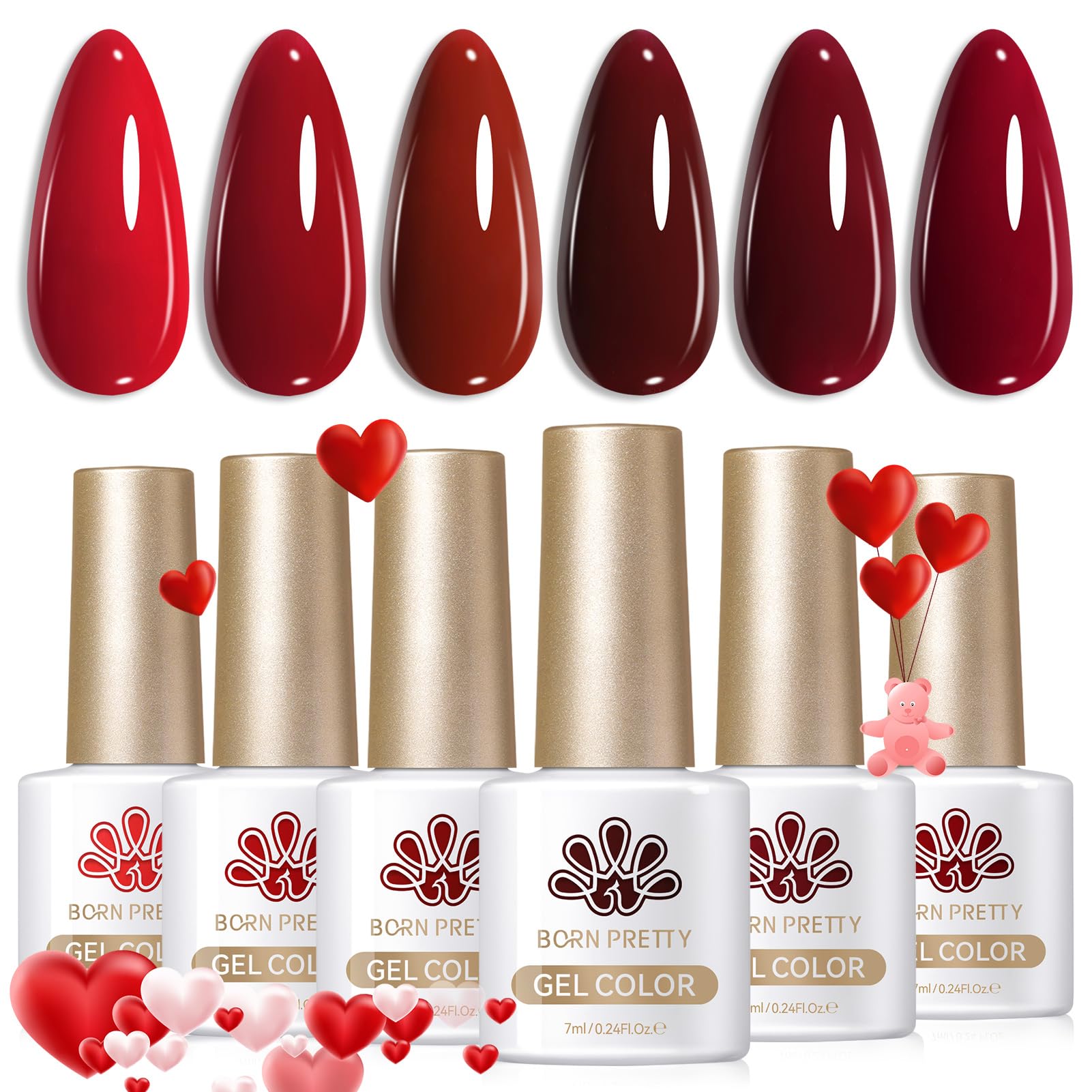 Born Pretty front packaging showing six dark red gel bottles and set appeal