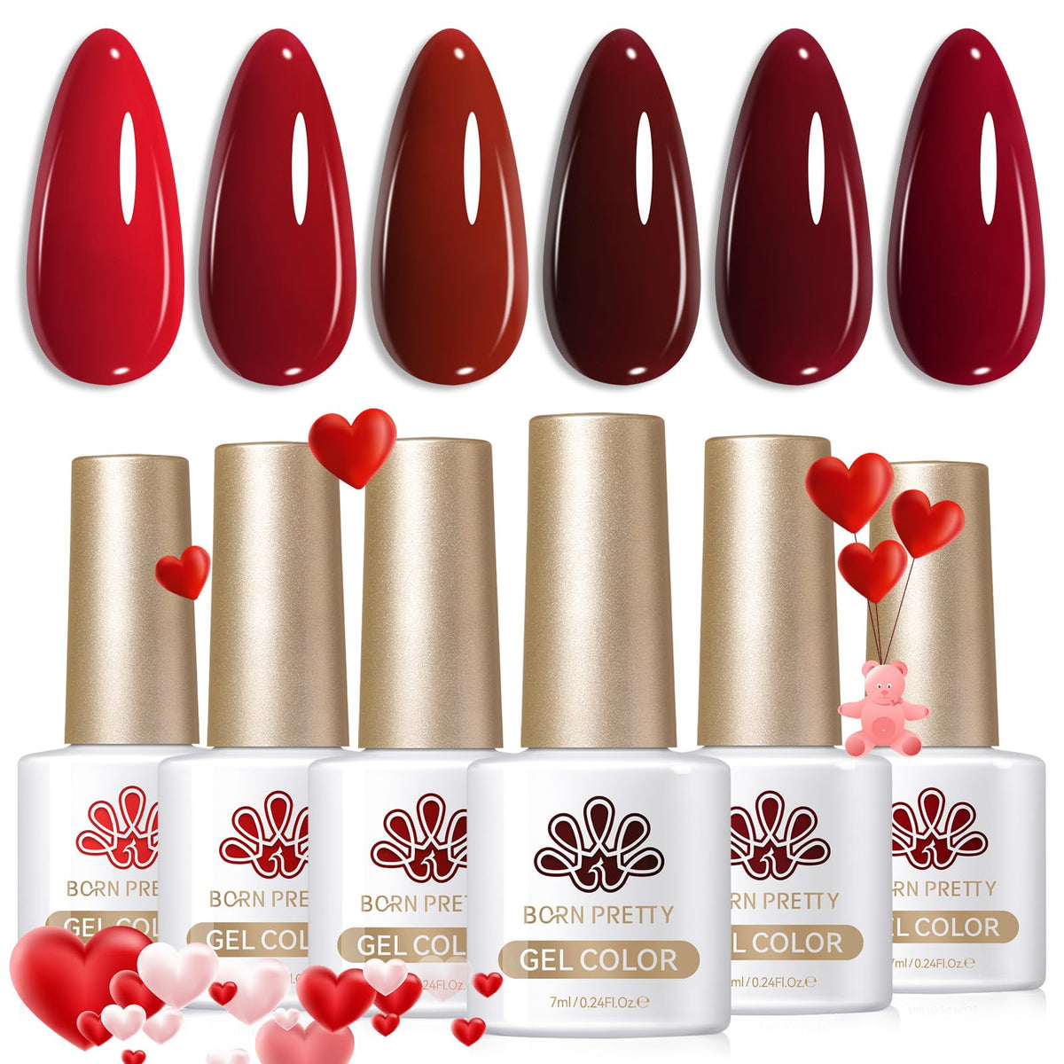 Born Pretty front packaging showing six dark red gel bottles and set appeal