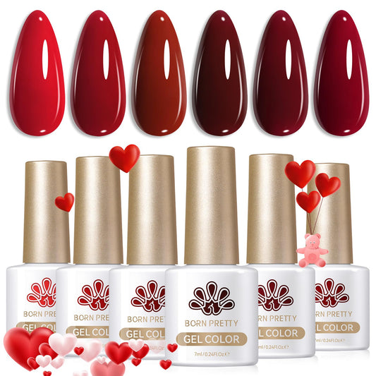 Born Pretty front packaging showing six dark red gel bottles and set appeal