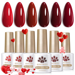 Born Pretty front packaging showing six dark red gel bottles and set appeal