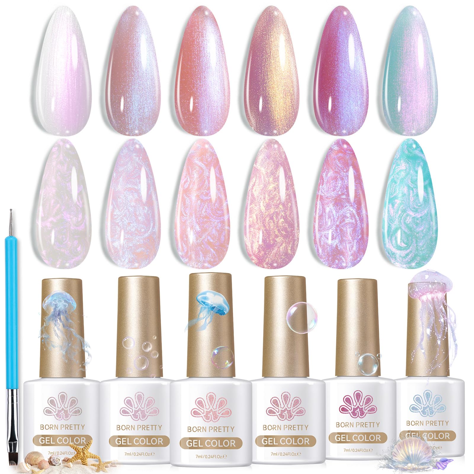 Born Pretty front packaging showing six iridescent gel bottles and benefits