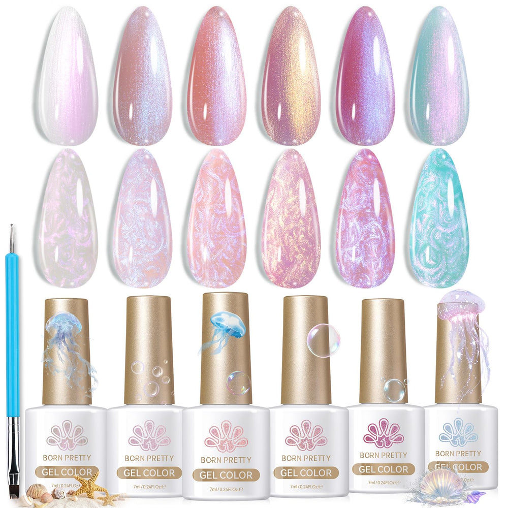 Born Pretty front packaging showing six iridescent gel bottles and benefits