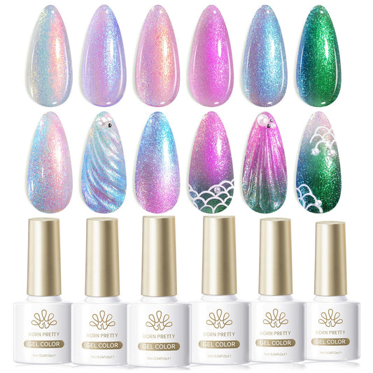 Born Pretty front packaging showing six iridescent gel bottles and benefits