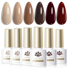 Born Pretty front packaging showing six brown-beige gel bottles and color variety