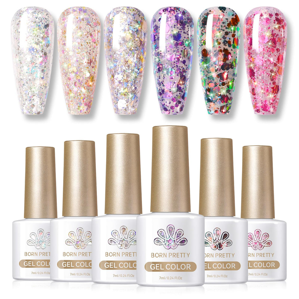 Born Pretty front packaging showing six colorful glitter gel bottles and set benefit