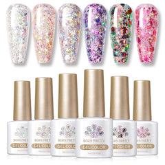 Born Pretty front packaging showing six colorful glitter gel bottles and set benefit