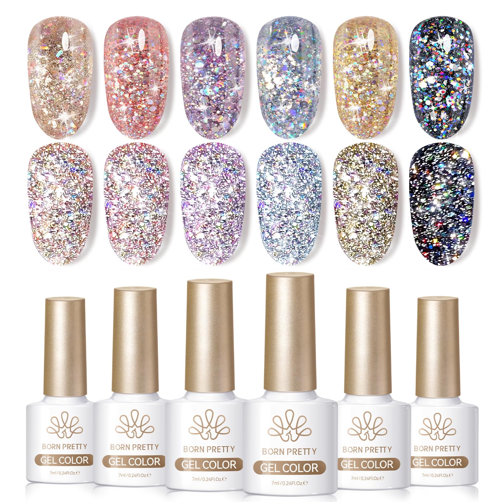 Born Pretty front packaging showcasing six holographic gel bottles and colors