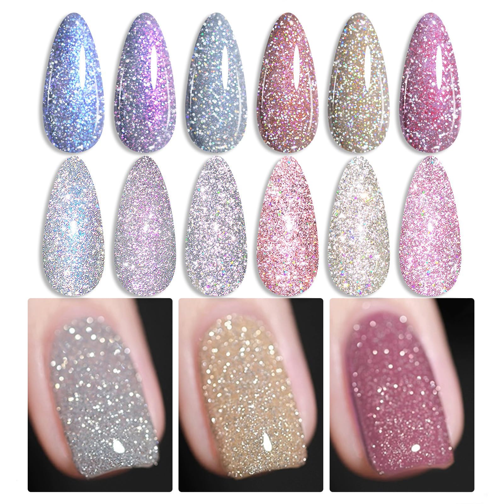 Born Pretty front packaging showing six glitter gel bottles and benefits