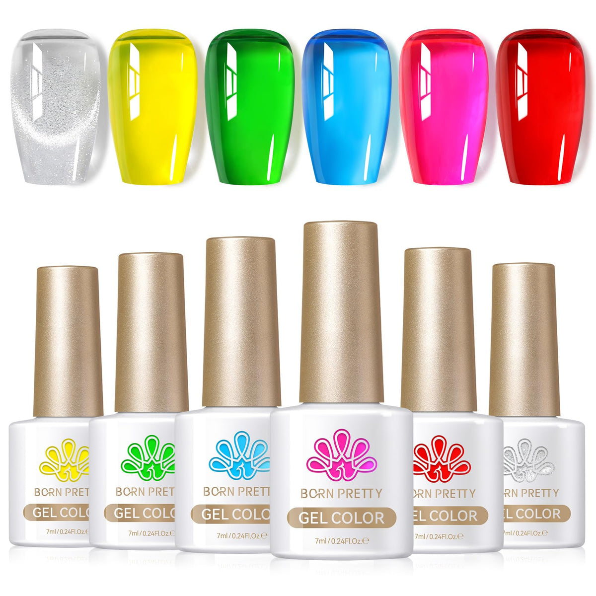 Born Pretty front packaging showing six neon bottles and included magnet for easy selection benefit
