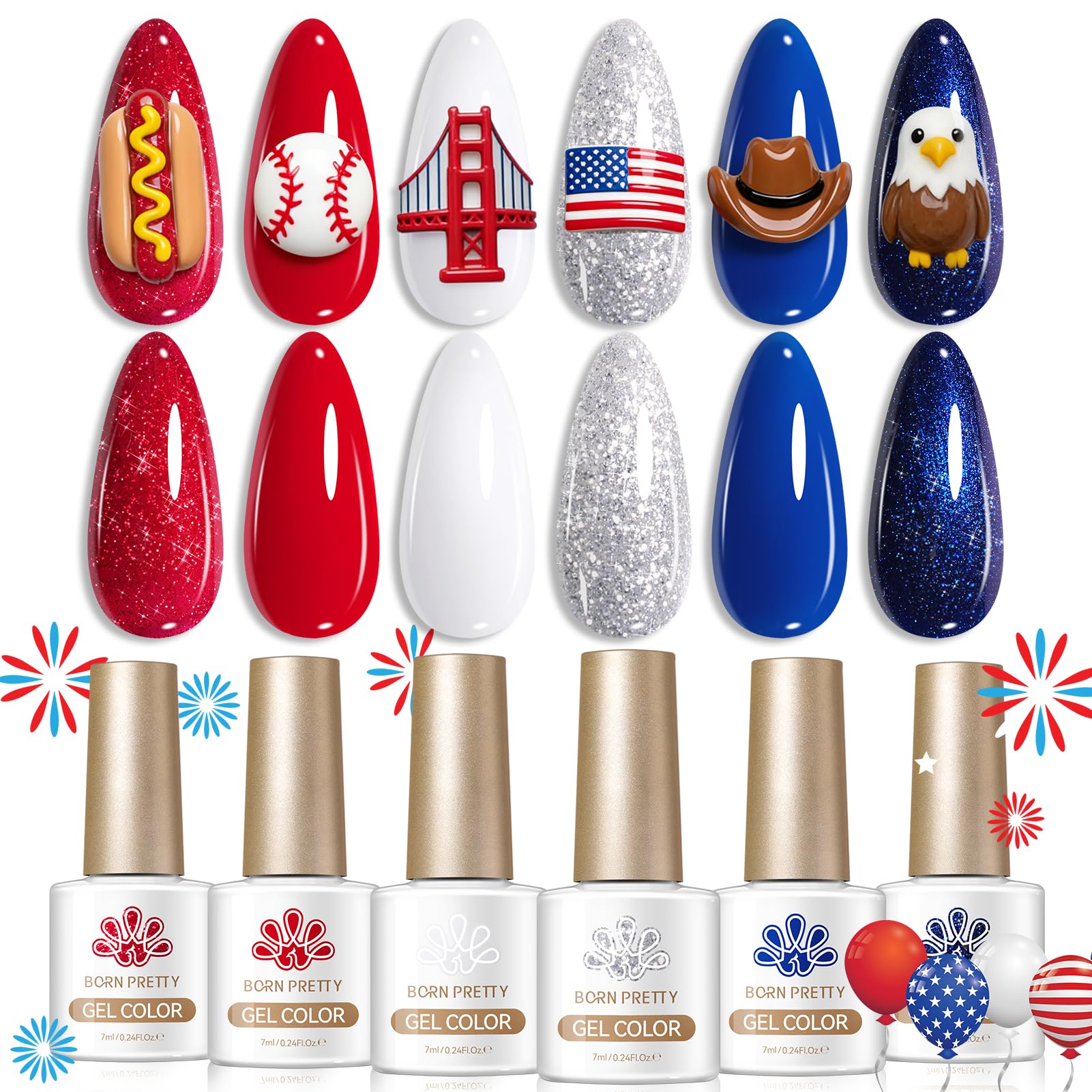 Born Pretty front packaging showing six patriotic gel bottles and colors