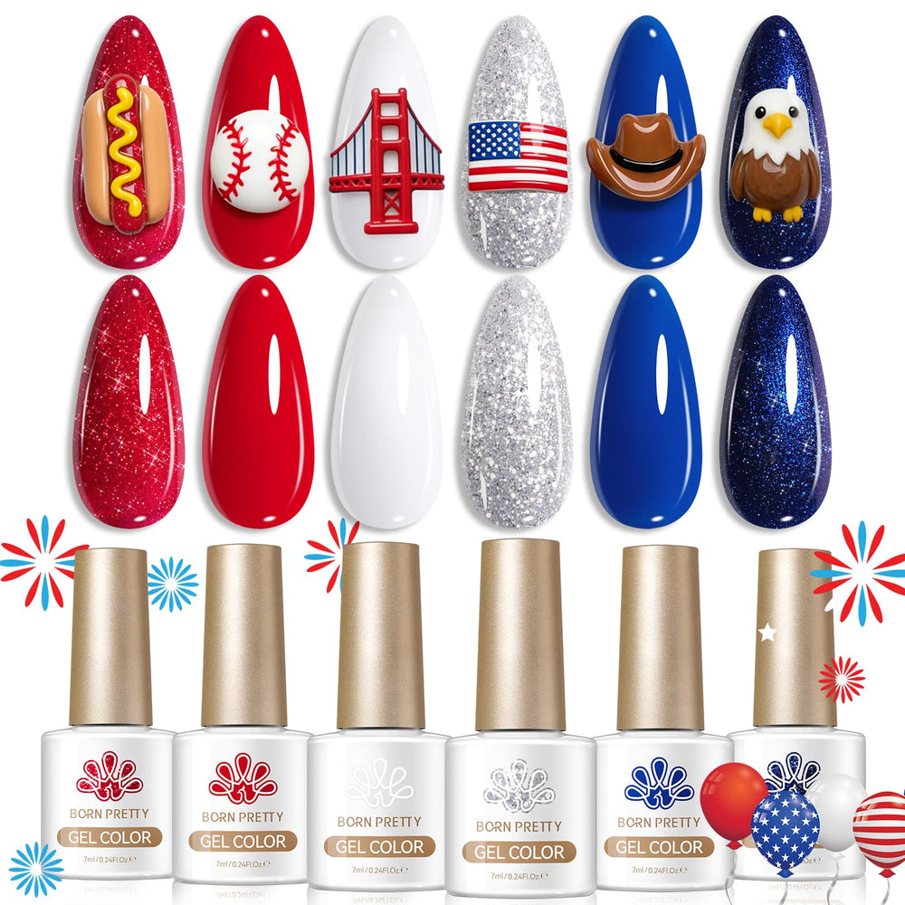 Born Pretty front packaging showing six patriotic gel bottles and colors