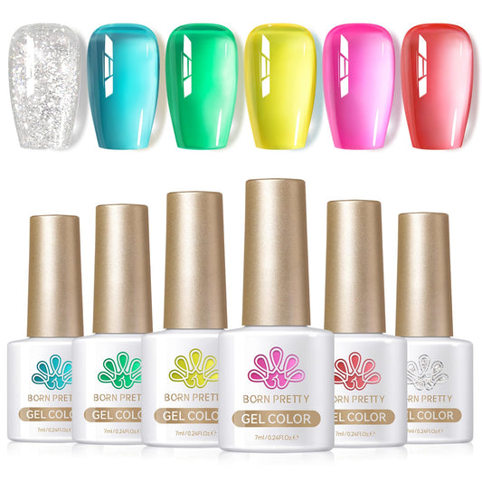 Born Pretty front packaging showing six pastel jelly bottles and set layout benefits quick selection