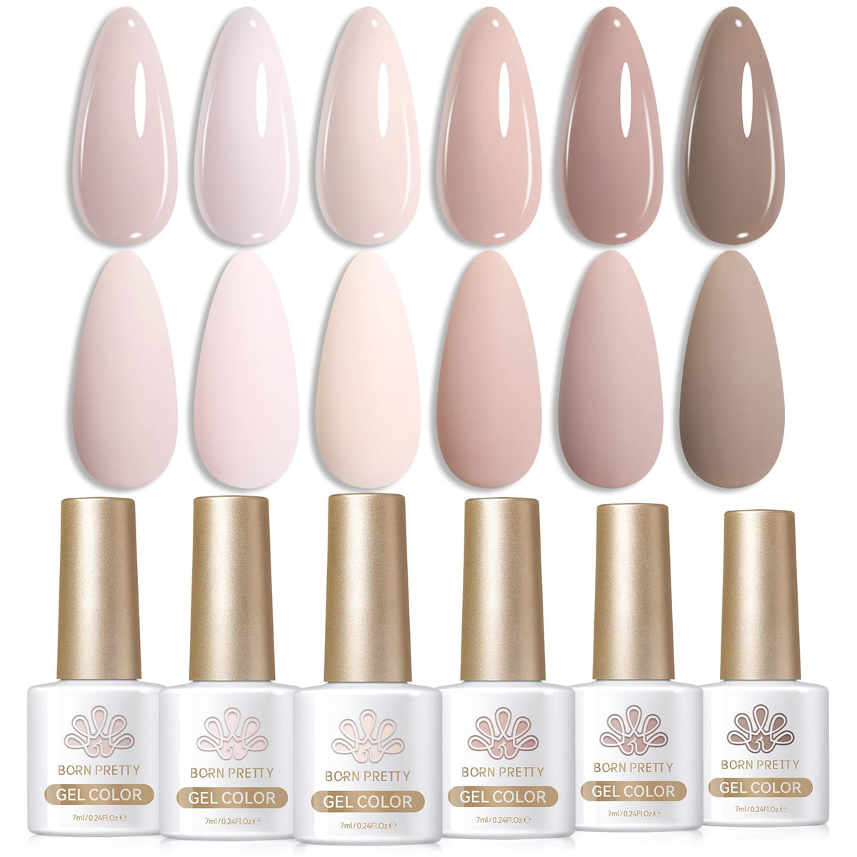 Born Pretty front packaging showing six nude pink gel bottles and palette benefit polish variety