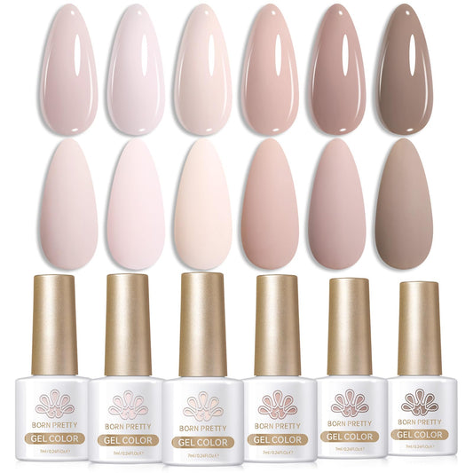 Born Pretty front packaging showing six nude pink gel bottles and palette benefit polish variety
