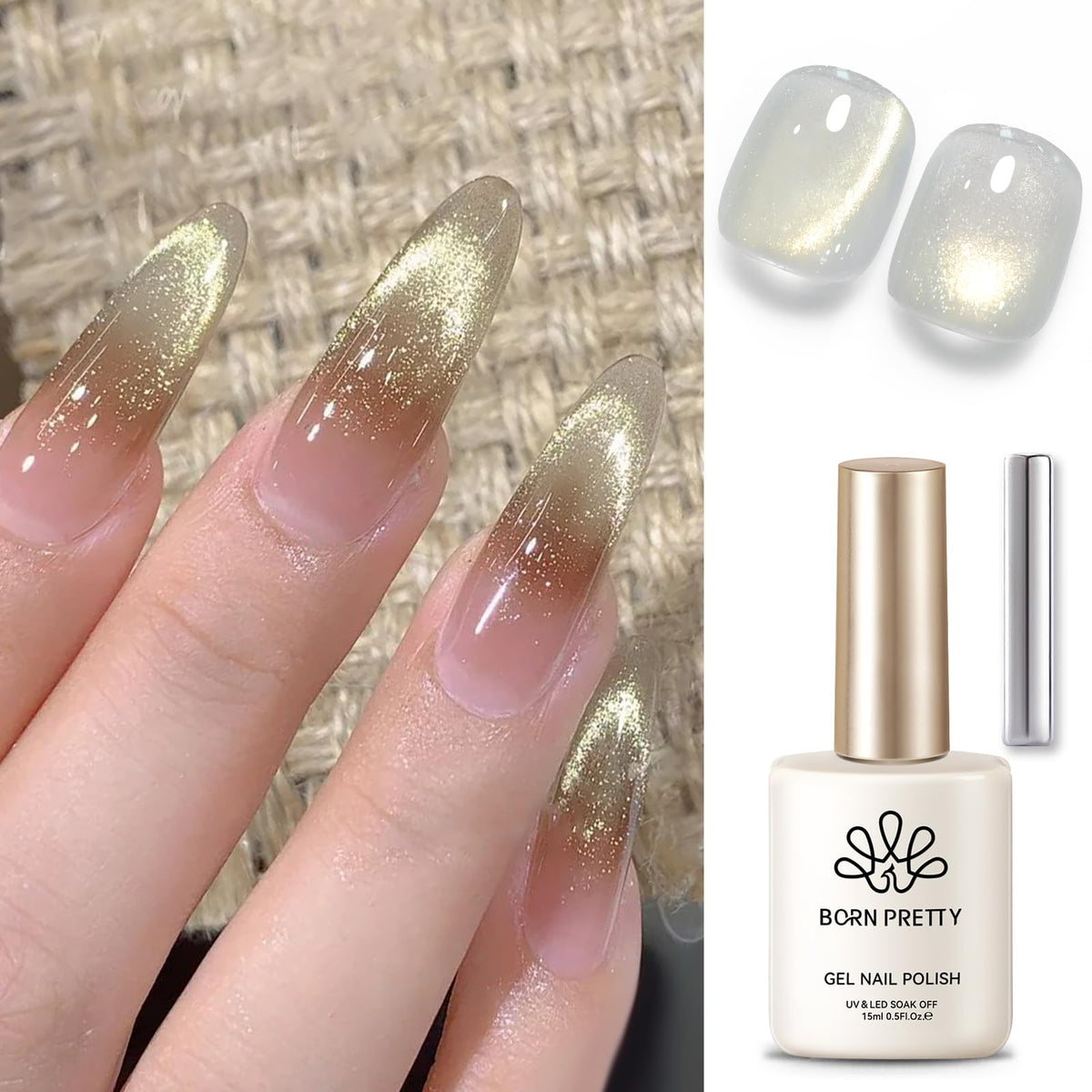 BORN PRETTY front packaging showing gold holographic gel benefit shine