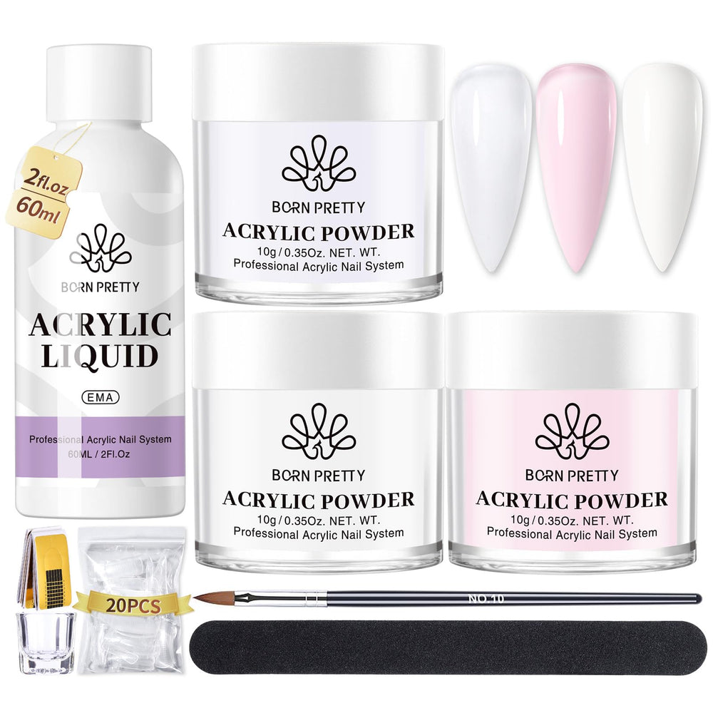 Born Pretty full kit flat lay showing powders, liquid and tools for easy setup