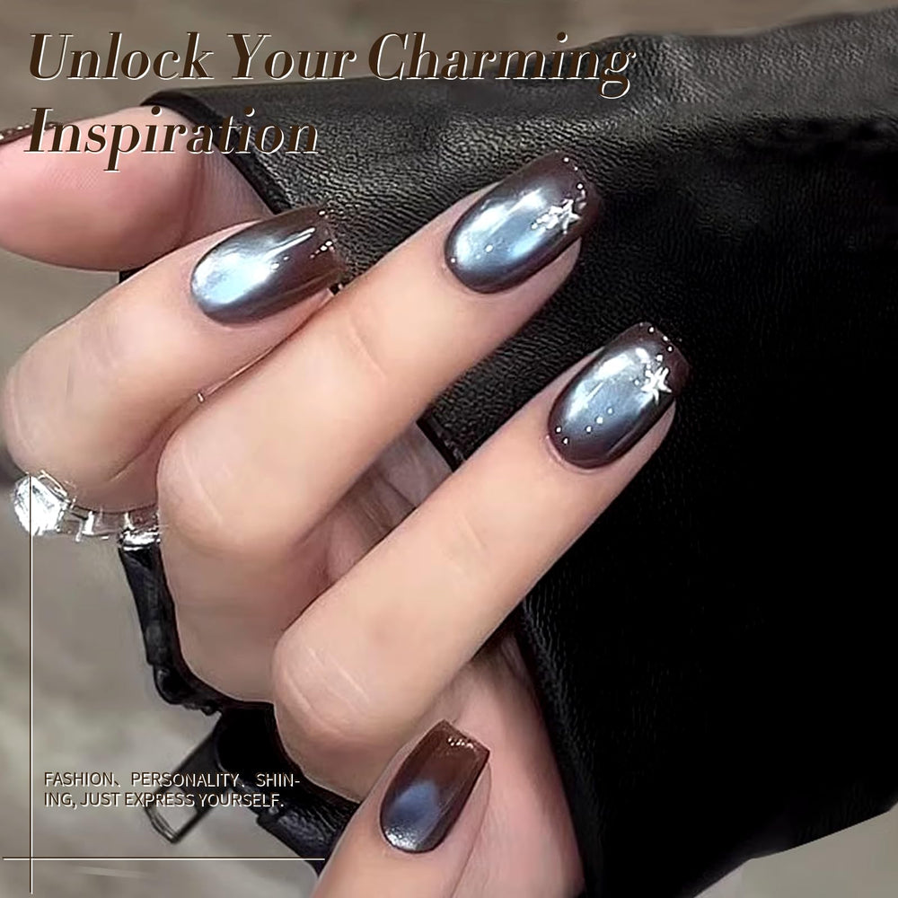 born pretty magnet held over wet polish creating cat-eye stripe for dramatic effect