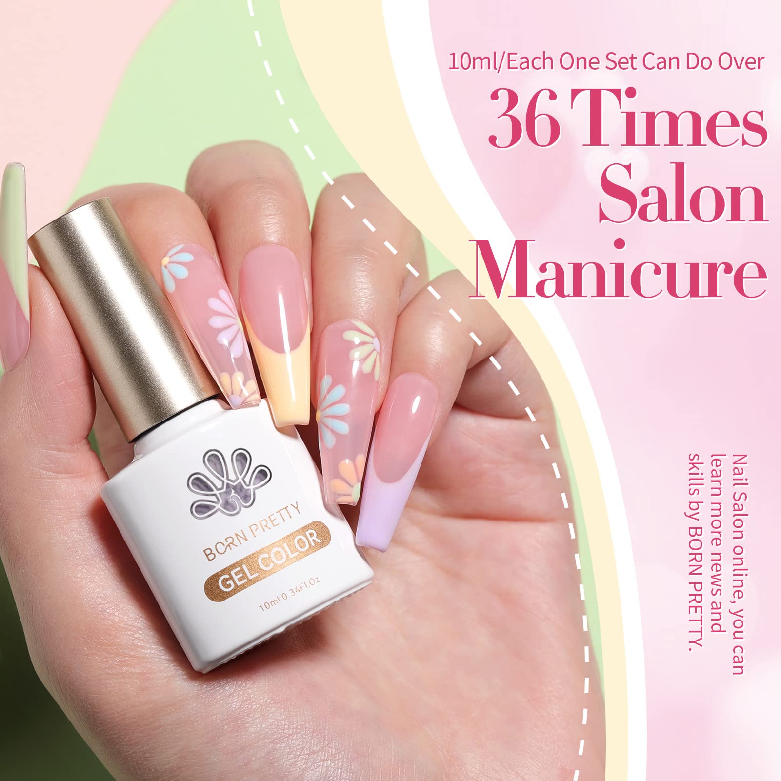 Born Pretty manicure on hand model wearing pastel nails, shows polished glossy finish