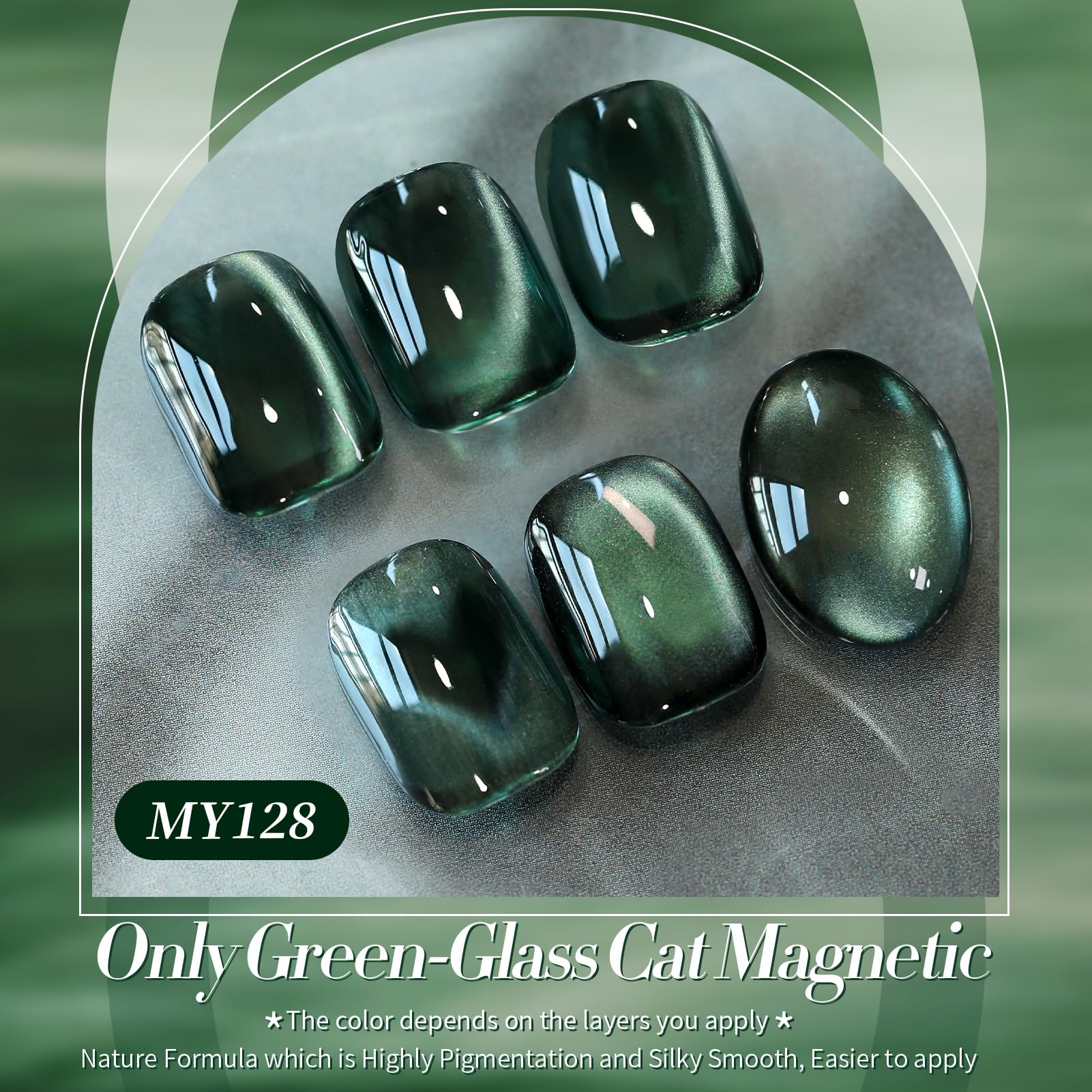 Born Pretty nail swatch wheel displaying green holographic cat-eye variations for inspiration