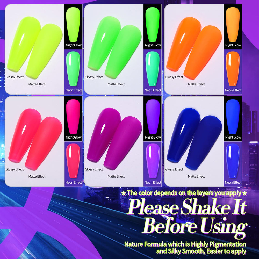 Born Pretty bottles lineup of six fluorescent gel colors, clear shade selection benefit
