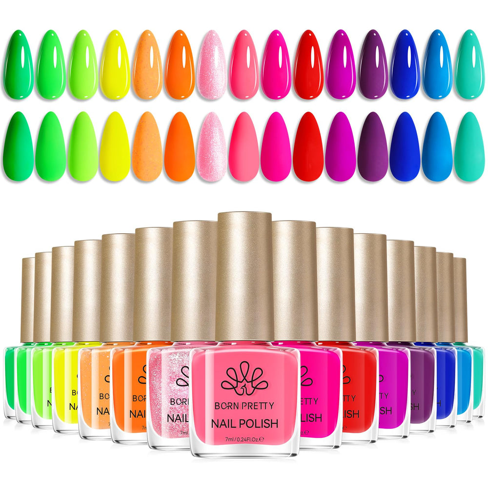 Born Pretty front packaging showing 15 neon nail polish bottles and vibrant colors for easy selection