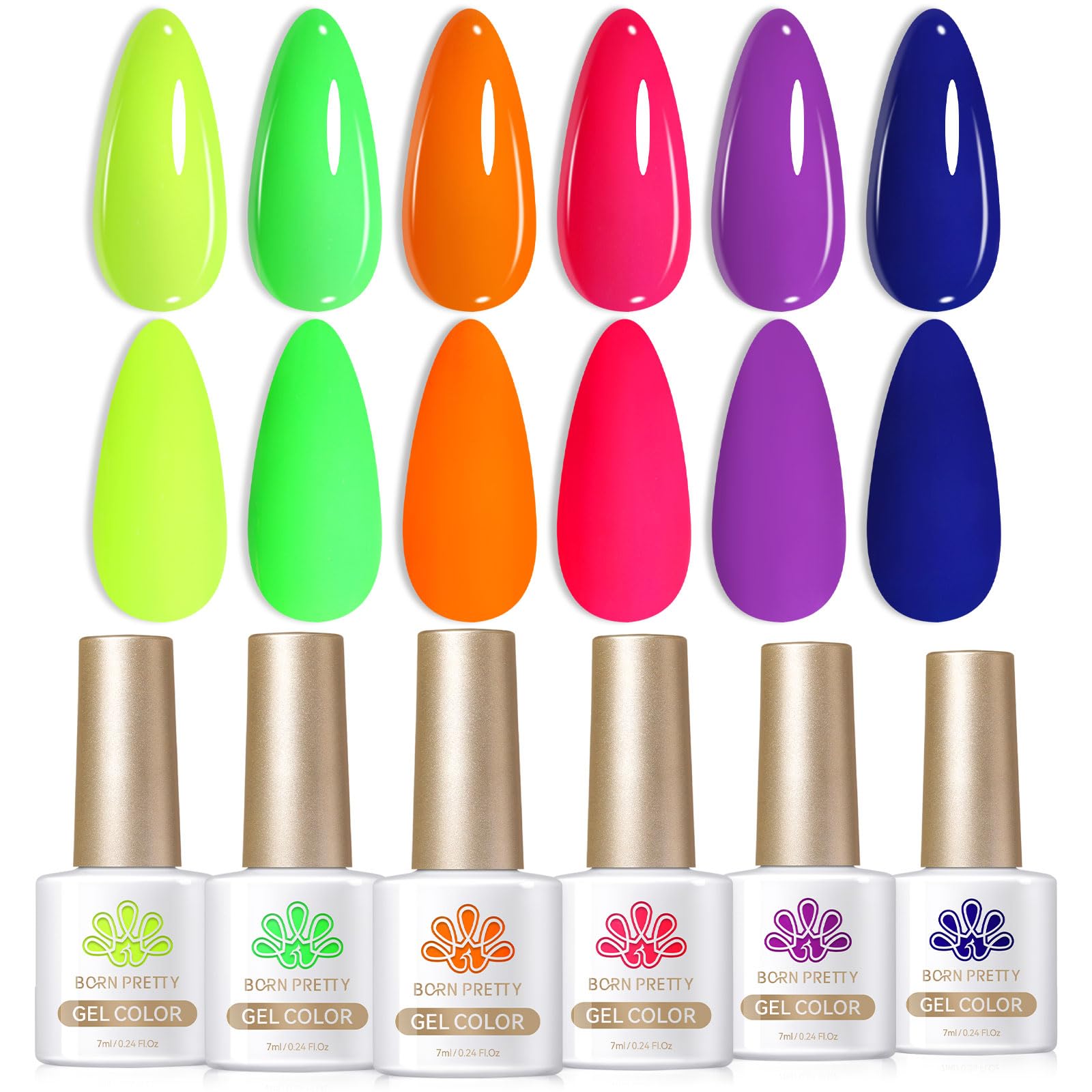 Born Pretty front packaging showing six neon glow gel bottles, vibrant display benefit