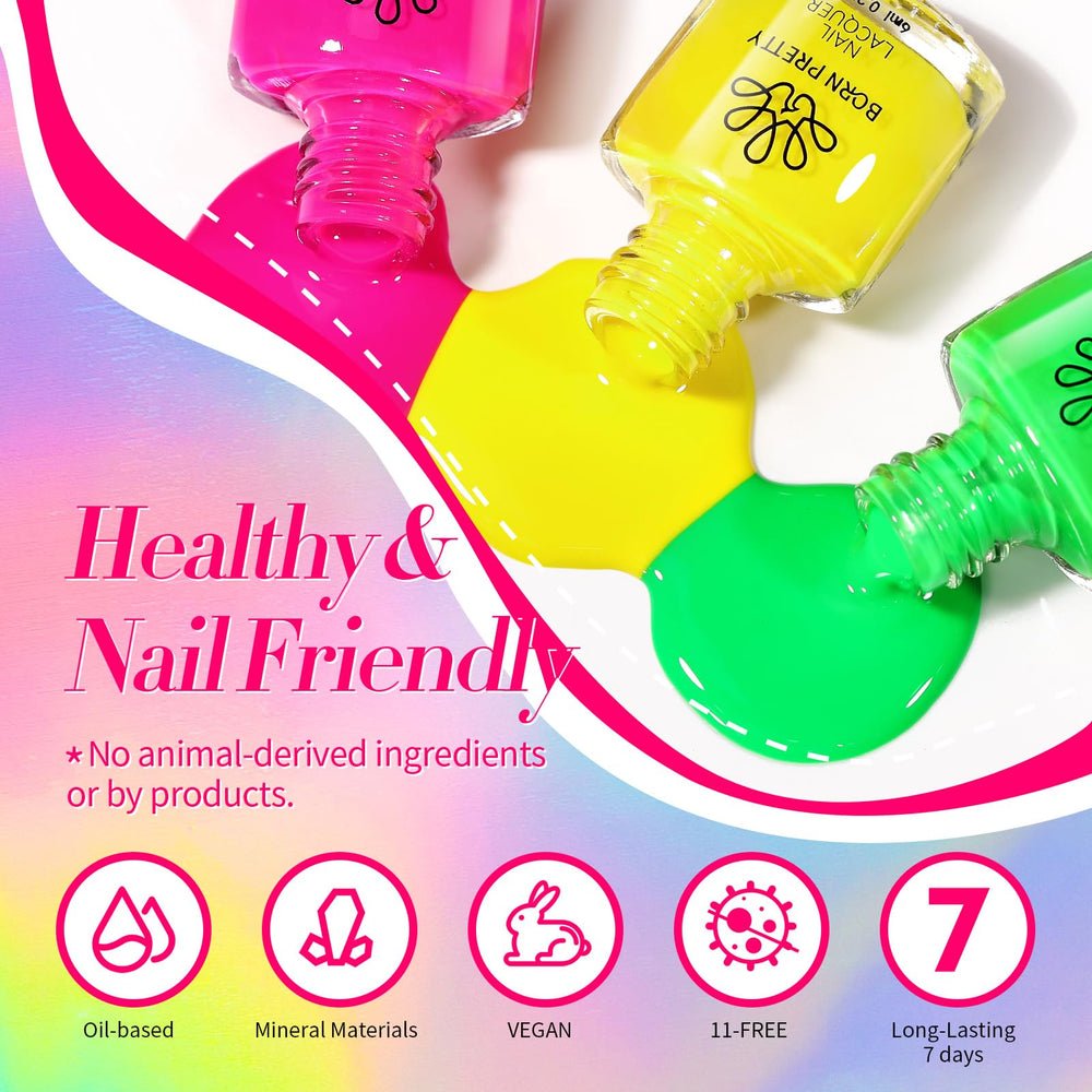 Born Pretty macro of glossy neon nail surface showing rich pigment and reflective shine
