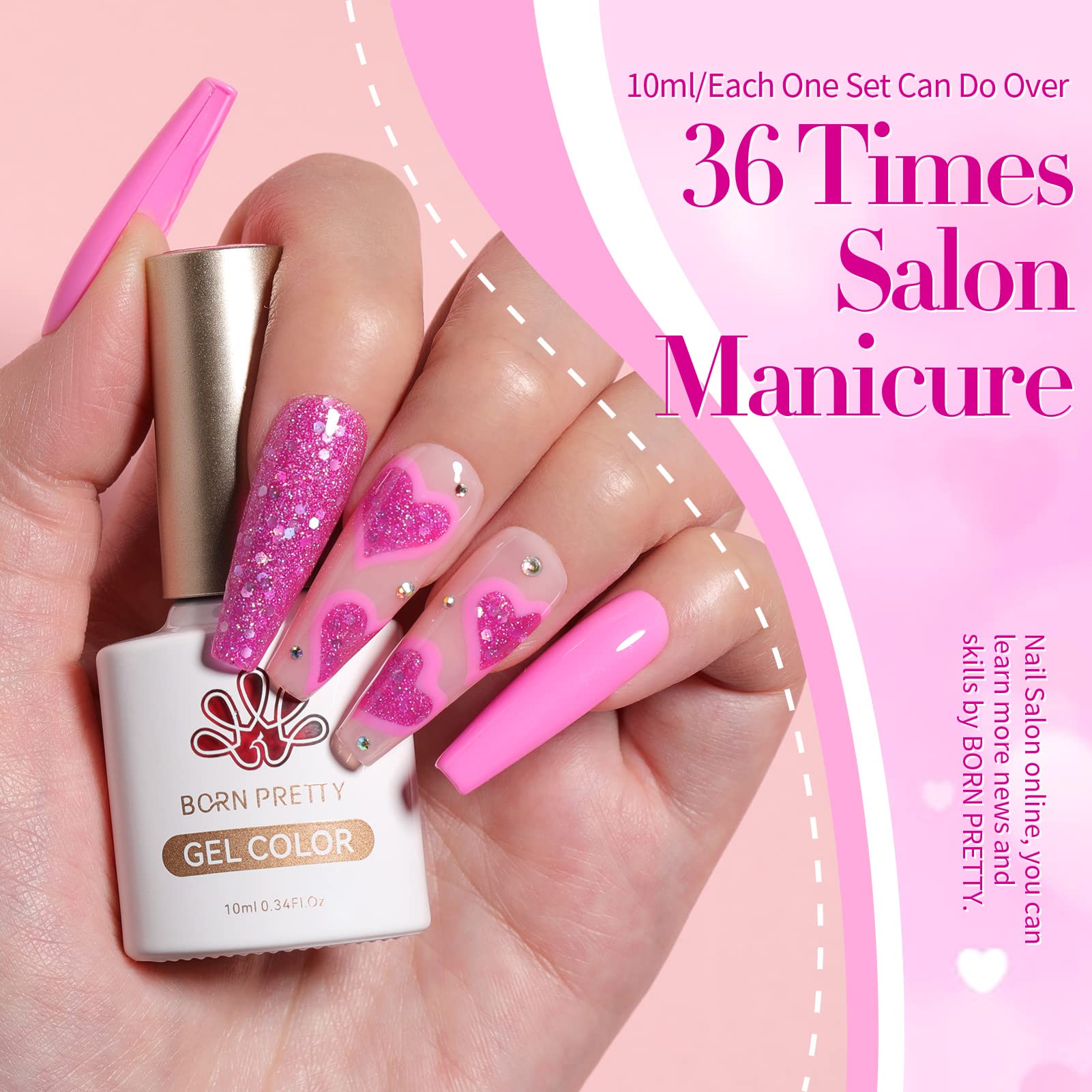 Born Pretty on-nails salon-style manicure showing glossy neon-pink finish
