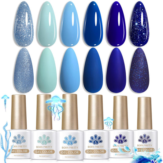 Born Pretty opened jars displaying six coordinating blue shades for mixing and layering benefits
